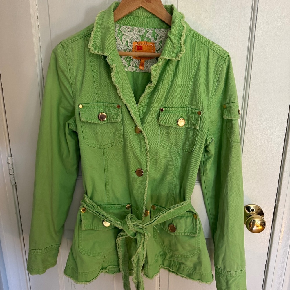 Twill  22 Cotton Apple Green Jean Jacket with belt.
